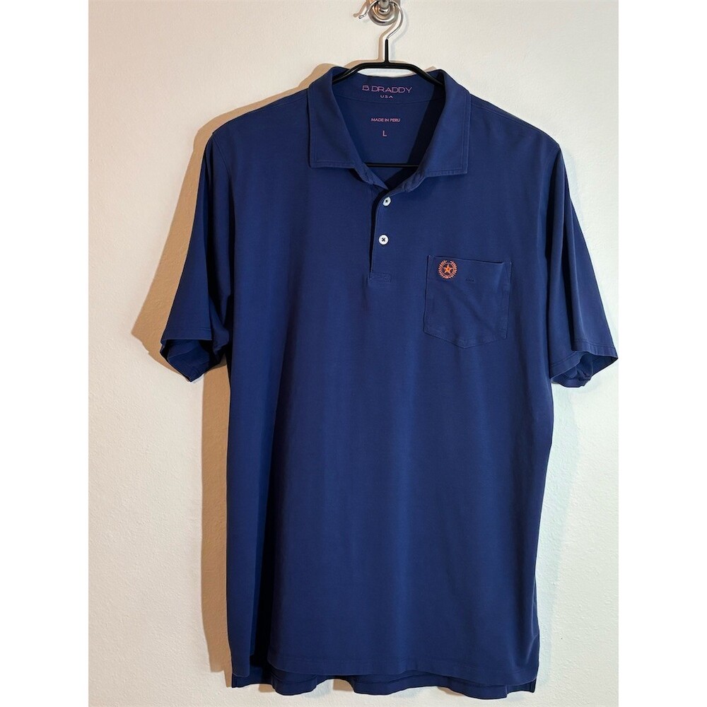 B. Draddy Men's Polo Shirt Size L Blue Short Sleeve Pocket Golf Logo
